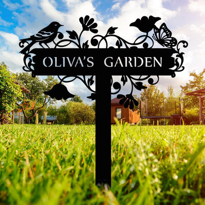 Customized Metal Birds and Flowers, Personalized Garden Sign with Stake, Gardening Decor for Outdoor, Patio and Farmhouse Decorations