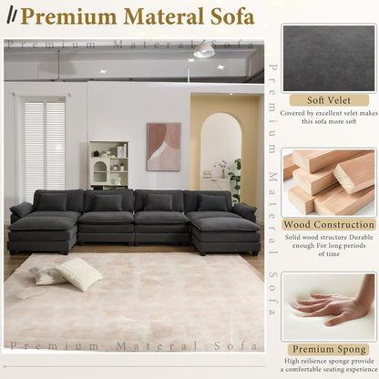 URRED Modular Sectional Sofa Comfy Cloud Couch, Modern Velvet Sofa Sleeper Deep Seat Couches with Ottoman/Pillows for Living Room (Dark Gray, 154'' - U Shape)