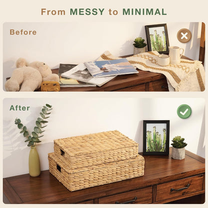 Set of 2 Wicker Baskets with Lid for Organizing - Decorative Storage Boxes With Lids for Home Decor, Shelves - Organic Modern Home Decor - Remote Box - Coffee Table Basket