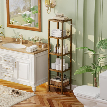 SMIBUY Bathroom Storage Shelf, 5-Tier Bamboo Rack Organizer, Multifunctional Shelving Unit for Living Room Bedroom Kitchen (Walnut)