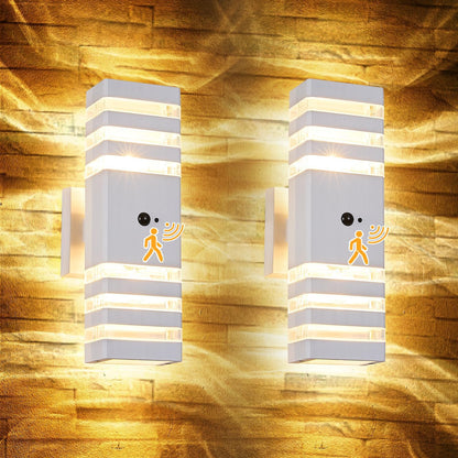 2 Pack Motion Sensor Outdoor Wall Lights with 4 Dimmable Bulbs, Modern White Dusk to Dawn Porch Sconces Waterproof Up Down Exterior Lighting Fixtures, Outside Coach Lamp for House Garage Front Door