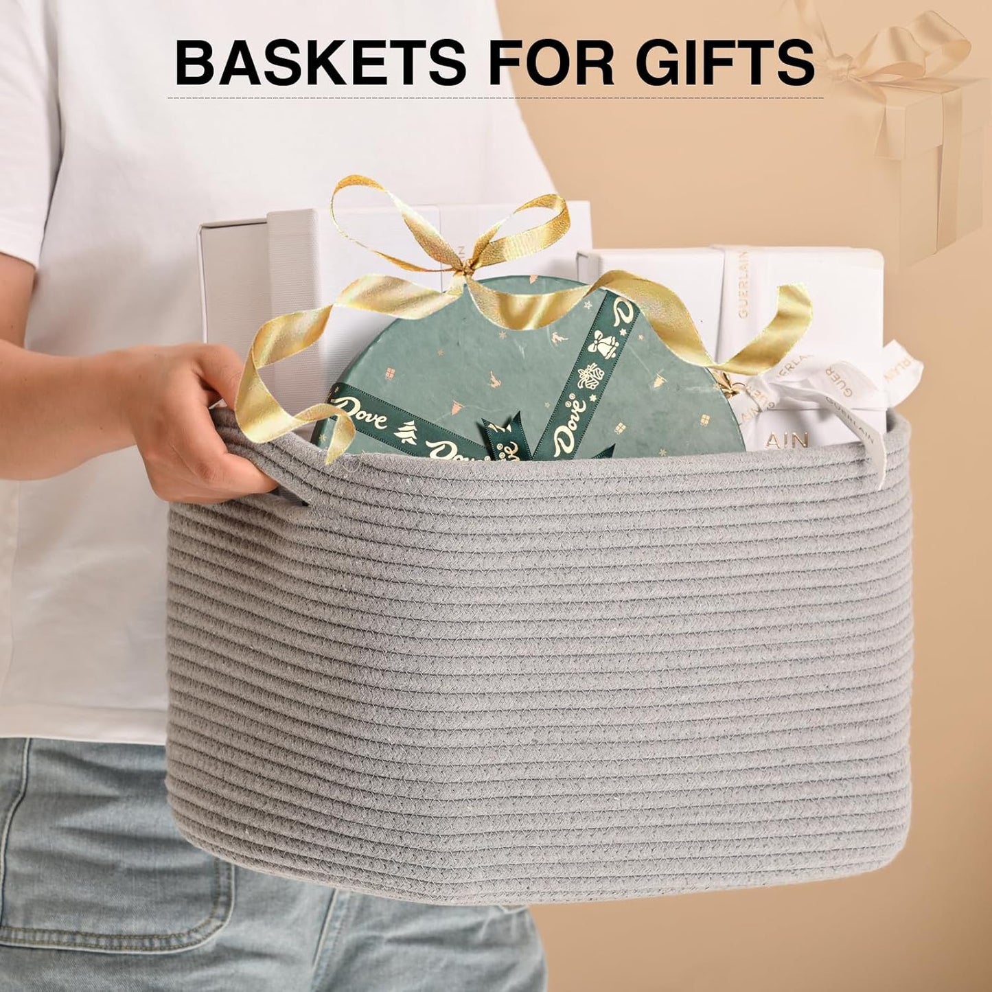 Woven Cotton Rope Storage Basket for Organizing, Cute Decorative Baskets for Gifts Empty, Organizer Bins for Dog Toy, Baby Laundry, 15“×11”×9.5“, Light Grey