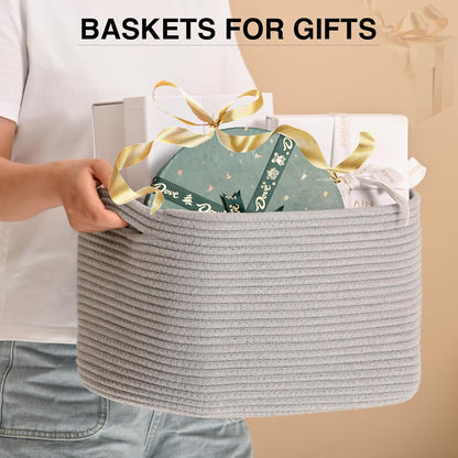 Woven Cotton Rope Storage Basket for Organizing, Cute Decorative Baskets for Gifts Empty, Organizer Bins for Dog Toy, Baby Laundry, 17“×13”×9.5“, Light Grey