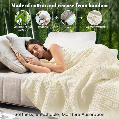 PHF Cooling Waffle Blanket King Size, Lightweight 60% Rayon Derived from Bamboo & 40& Cotton Breathable Blanket for Hot Sleepers, Soft and Luxury for Bed Couch and Sofa, 104"x90", Ivory
