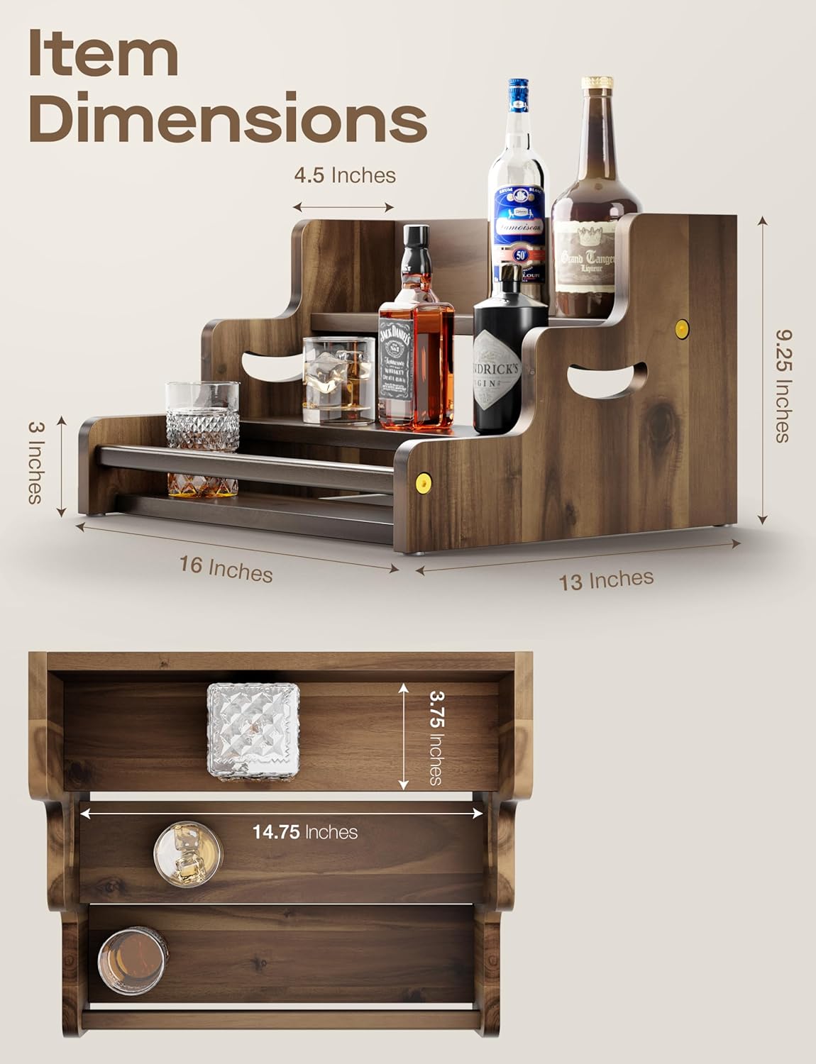 Tinamo Acacia Wood Liquor Bottle Display Shelf – 3-Tier Countertop Wine Rack, Bar Shelf – Whiskey Bar Stand for Home, Bottle Organizer for Countertop – Wine Holder with Handles (Walnut Color)