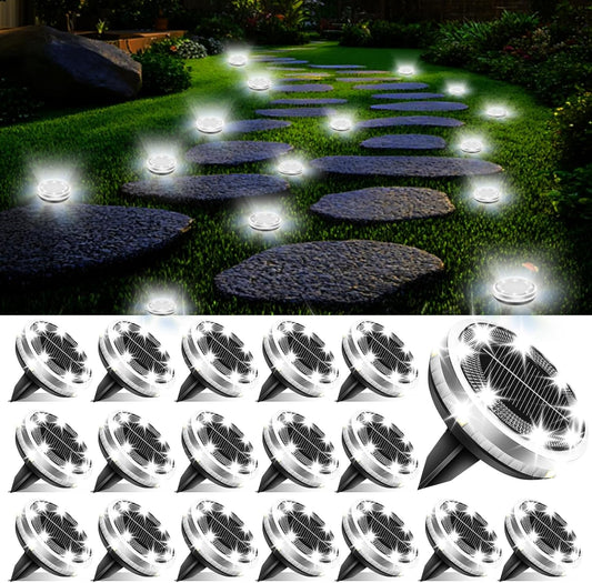 Solar Ground Lights Outdoor 18 Pack Waterproof, Upgraded Solar Garden Lights with 4 Side Light, Stainless Steel Solar Powered Disc Landscape Light for Walkway Lawn Yard Patio Deck-Cool White