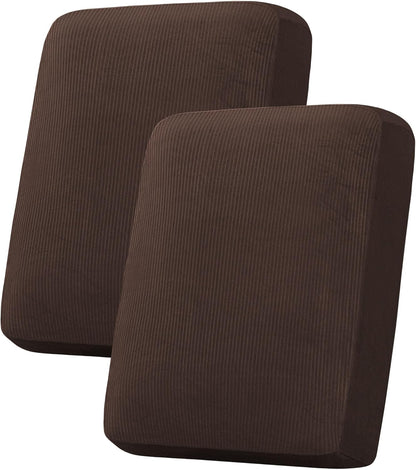 H.VERSAILTEX Velvet Stretch Couch Cushion Cover Plush Cushion Slipcover for Chair Loveseat Sofa Cushion Furniture Protector Seat Cushion Sofa Cover (2 Piece Medium Sofa Cushion Covers, Brown Striped)