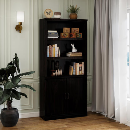 70 Inch Tall Bookcase with Doors, Library Office Bookshelf with Adjustable Shelves, Floor Standing Storage Cabinet for Bedroom Living Room Organizer with Anti Tipping Kit, Dark Cherry Finish