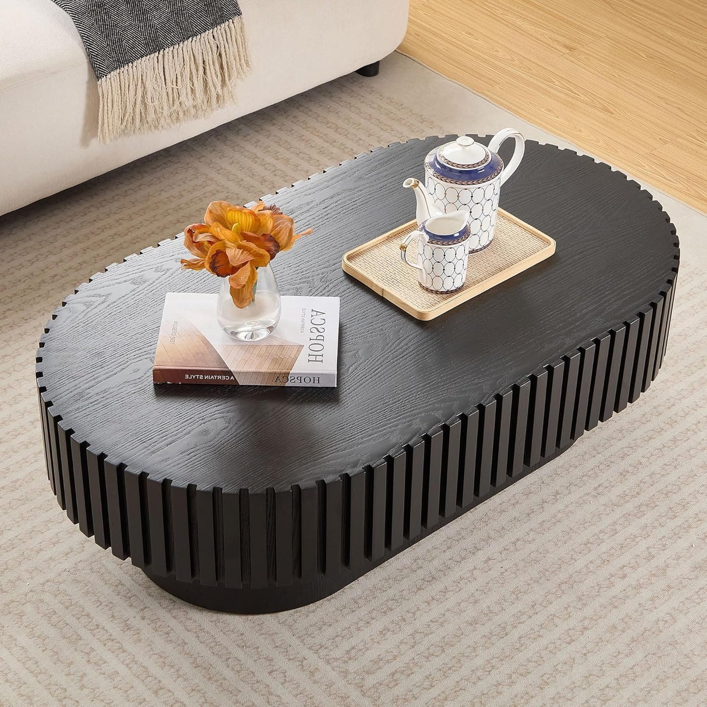 43.7" Oval Coffee Table for Living Room,Modern Handcraft Drum Coffee TableSmall Wooden Coffee Table with Sturdy Pedestal Easy Assembly for Office-Black
