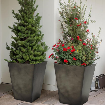 KOL 18''H. Bright Glazed Planter with Drainage Hole, Set of 2, Galvanized Steel Planter Pots for Indoor & Outdoor Use, Decorative Flower Plant Pots for Front Porch, Patio, Deck - Black