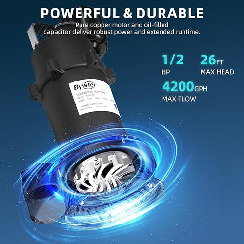 1/2 HP Sump Pump, 4200 GPH High Flow, 26 FT Lift, 115V Cast Iron Sewage Pump with Automatic Float Switch and Manual Control, Heavy Duty Sewage/Effluent Pump for Basement, 10 FT Power Cord