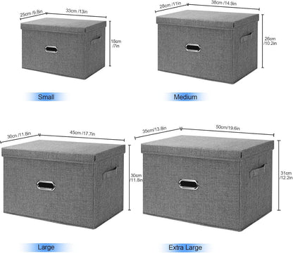 Large Linen Fabric Foldable Storage Bins with Removable Lid and Handles, Washable Storage Box Organizer Containers Baskets Cube with Cover for Bedroom,Office(Cream, Small)