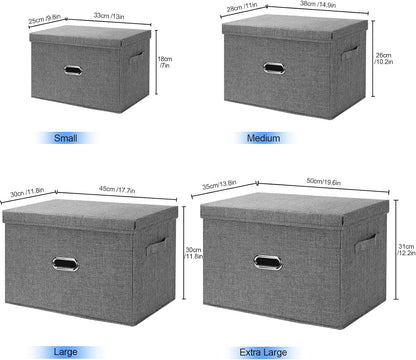 Large Linen Fabric Foldable Storage Bins with Removable Lid and Handles, Washable Storage Box Organizer Containers Baskets Cube with Cover for Bedroom,Office(Cream, Large)