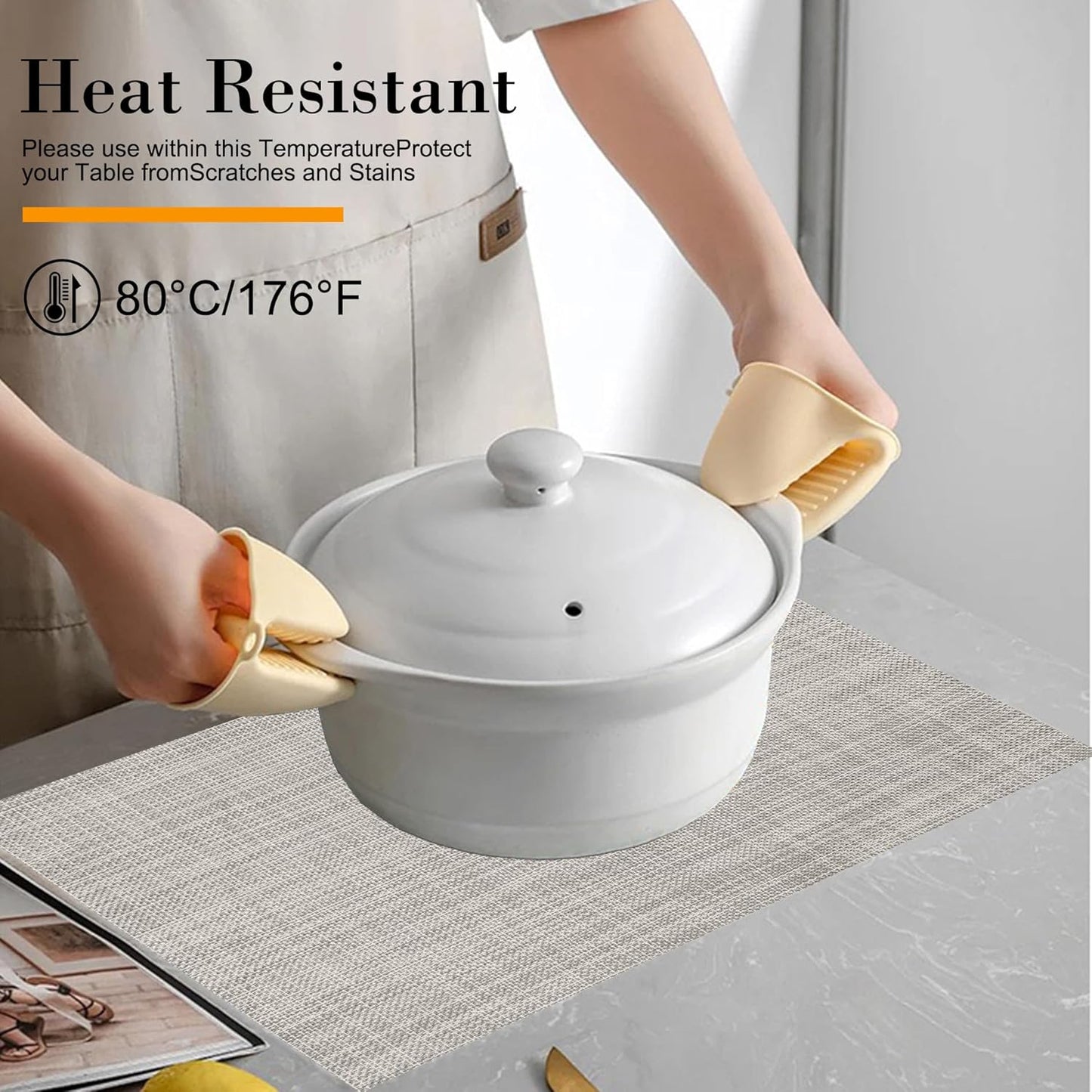 CADONO Placemats Set of 4 Washable Indoor/Outdoor Vinyl Place Mats for Dining Table Durable Non-Slip Heat Resistant PVC Weave Table Mats（Beige）