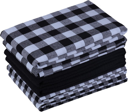 Kitchen Towels Set of 6 Soft Premium Cotton Highly Absorbent Dish Towels 18x28 Inches, Washable & Reusable Tea Towel, Quick Drying Dish Cloths with Hanging Loop - Black/White, Checks