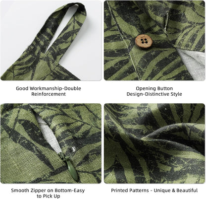 Linen Hanging Laundry Bag, 100% Linen Leaf Print Over The Door Laundry Hamper with Buttons and Zipper, Space Saving Door Hampers for Laundry Dirty Clothes Home Travel, Green, 19.7x27.5inches