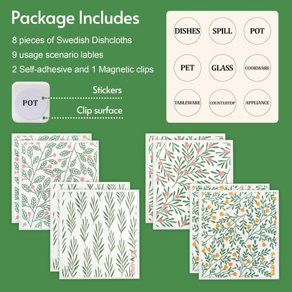 Swedish Dishcloths for Kitchen, 8 Pack Green Reusable Paper Towels with Clips, Non-Scratch Swedish Kitchen Towels, Super Absorbent Cellulose Sponge Cloths, Dishwasher Safe, No Odor