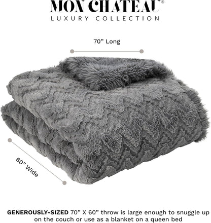 Mon Chateau Grey 3D Jacquard Faux Fur Throw, Plush Luxury Blanket for Couch, Sofa, or Bed, Soft Reversible Throw Blanket for Sleeping, Home & Room Décor, 60" x 70"