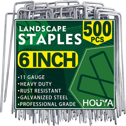500 Pack Landscape Staples 6 Inch 11 Gauge Garden Stakes Galvanized Garden Staples Pins Anti-Rust Ground Stakes for Weed Barrier, Irrigation Tubing, Yard Lawn and Landscape Fabric