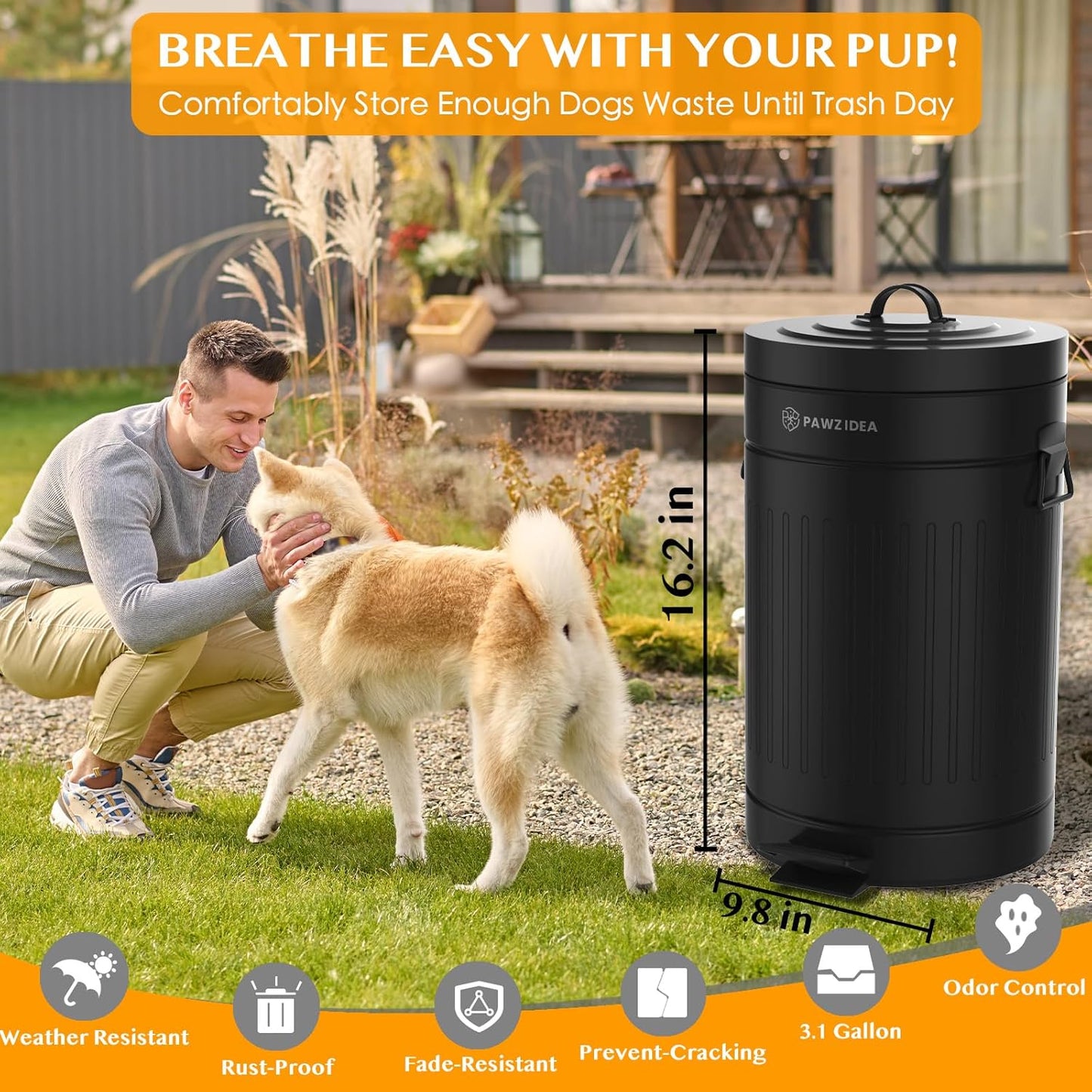 PAWZIDEA Dog Poop Trash Can Outside Odor Control, 3.1 Gallon Outdoor Trash Can with Lid, Waterproof Pet Waste Disposal Container, Small Poop Bin Step Garbage Can, 7.8in Activated Carbon Filter, Black