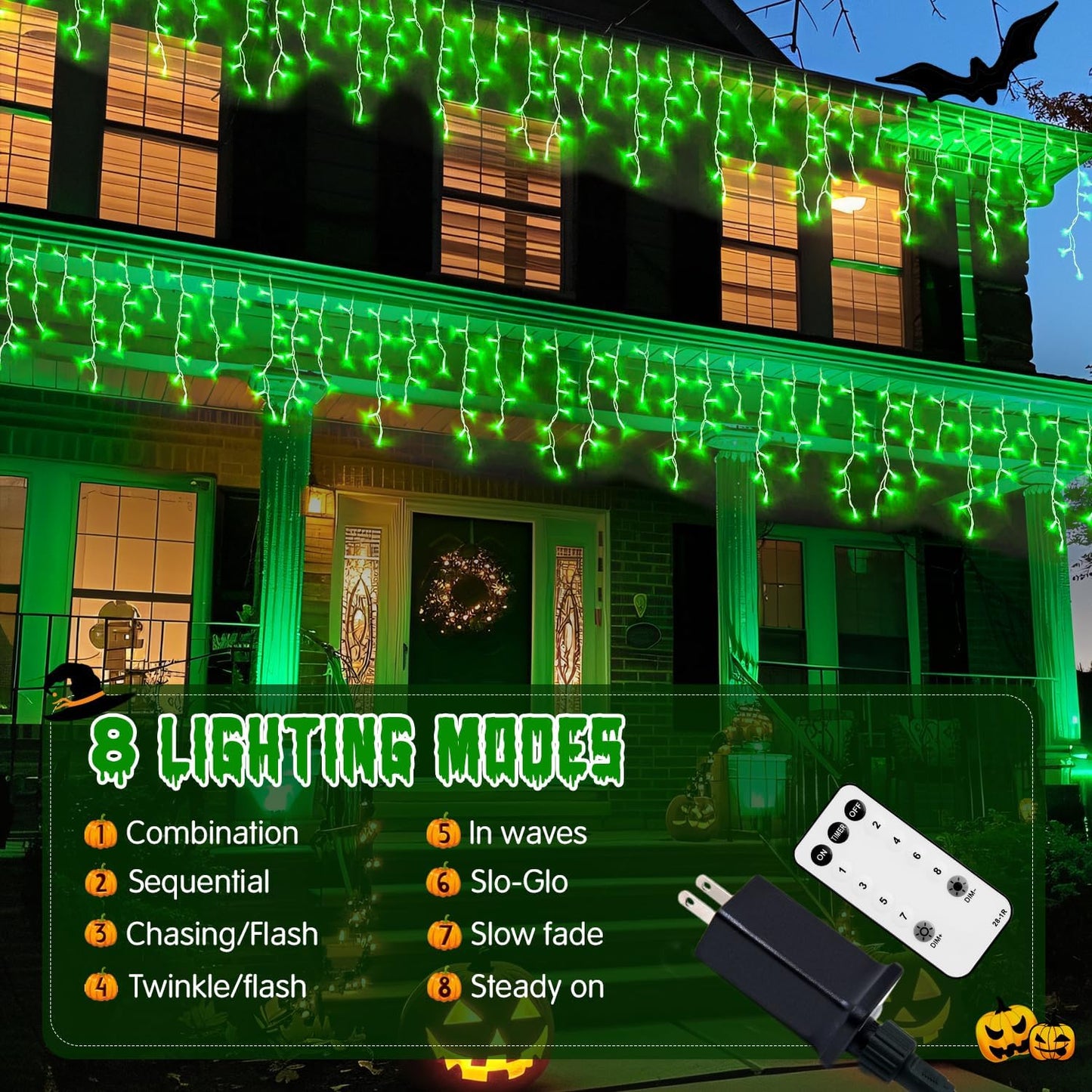 JMEXSUSS 400 LED 38.8F Green Icicle Lights for Halloween Decorations, Green Halloween Lights Indoor Outdoor, String Icicle Light for House Fireplace Party Yard Decoration
