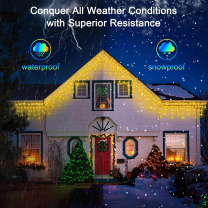 132FT 1332 LED Outdoor Christmas Lights - 296 Ice Drops, 12 Pro Modes with Timer Memory & Brightness, Waterproof Hanging Ice String Light for Holiday Wedding Garden Fence House Decor (Warm White)