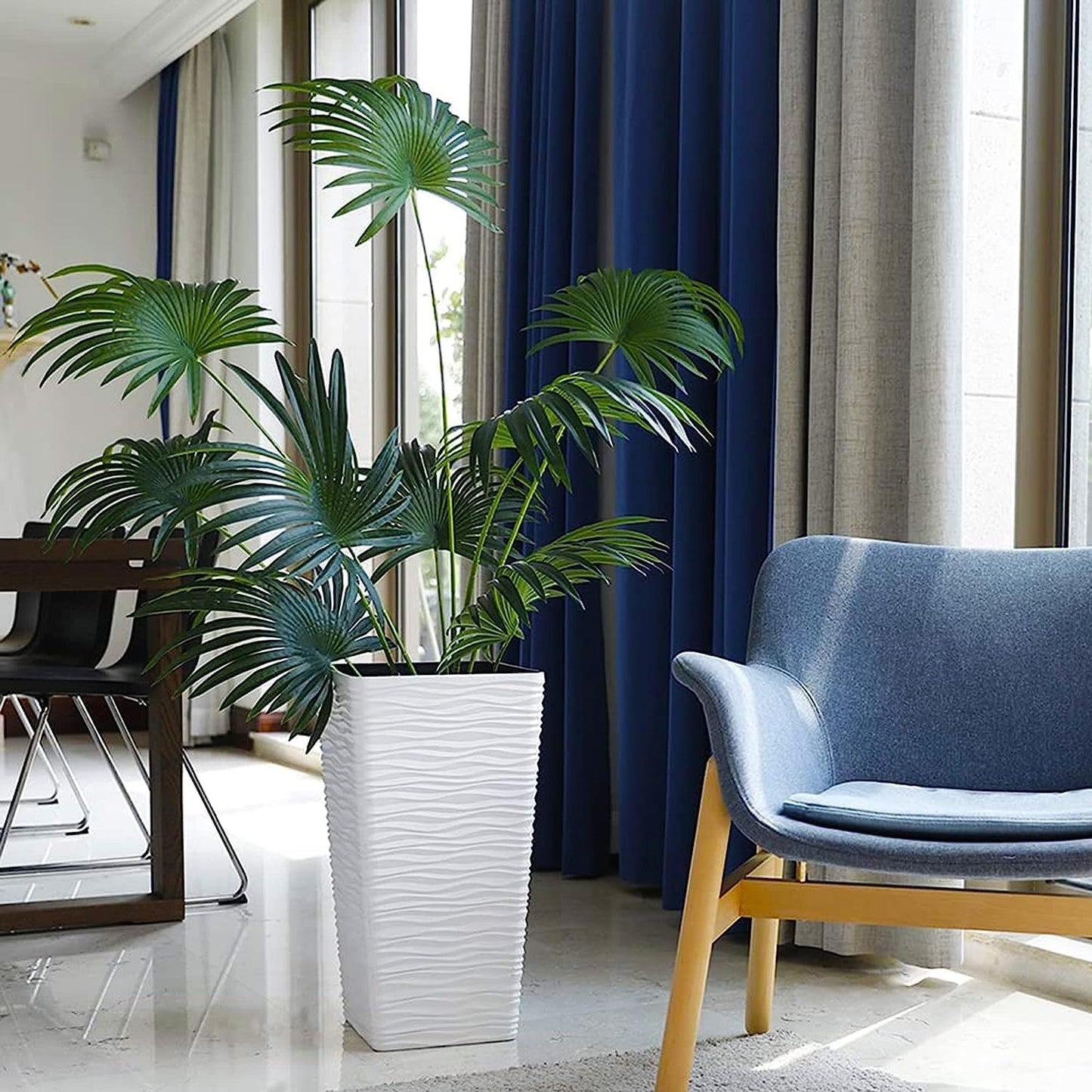 Worth Garden 22" Tall Planters Set of 2 - Plastic White Square Plant Pots - Modern Big Tapered Matte Wavy Tree Flower Pot for Indoor Outdoor Porch Deck