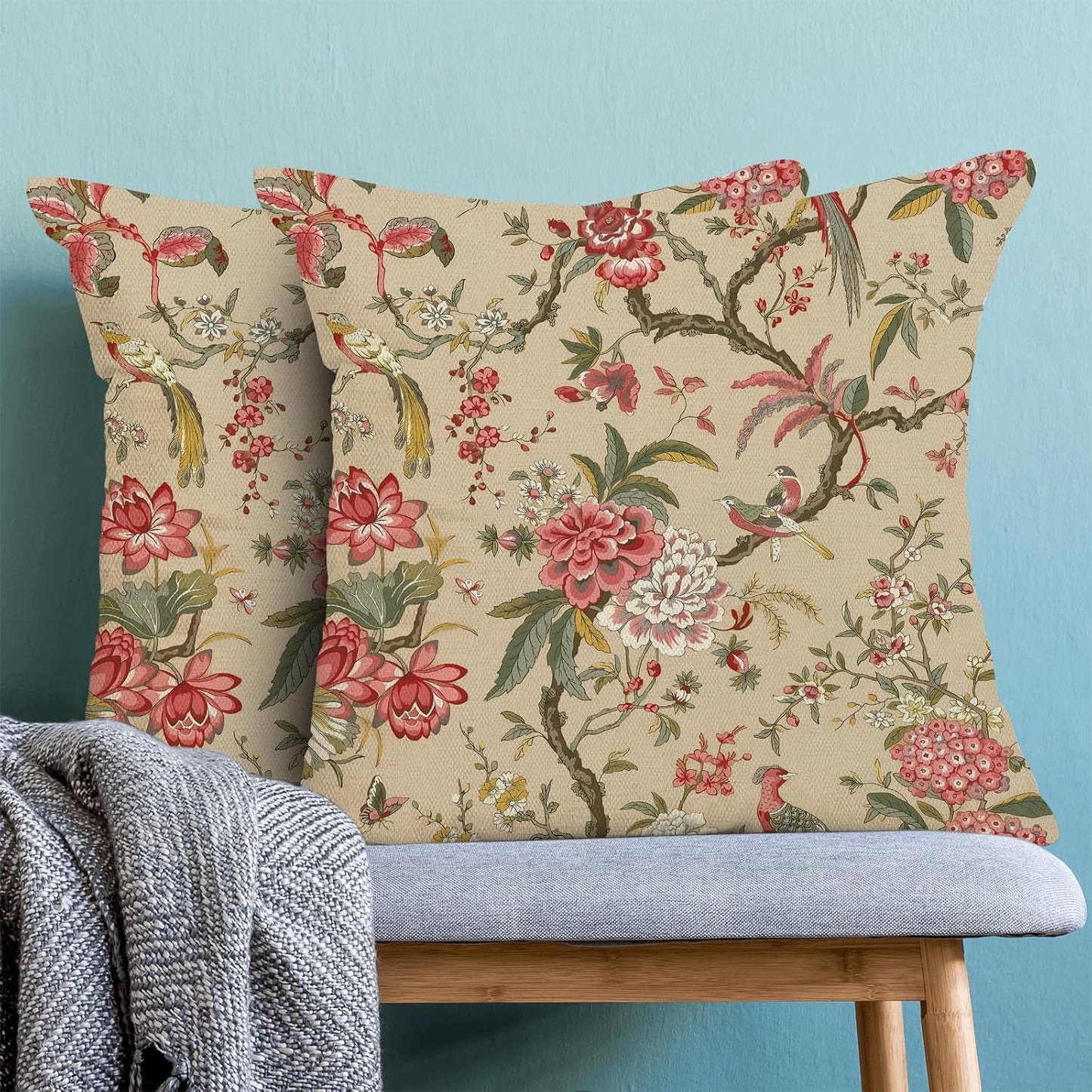 CXMEIFLY Spring Floral Birds Pillow Covers 18 x 18 Inch Set of 2 for Chinoiserie Flowers Decor Throw Pillows Pink Red Plant Outdoor Decorative Cushion Cases for Couch Bed Decorations