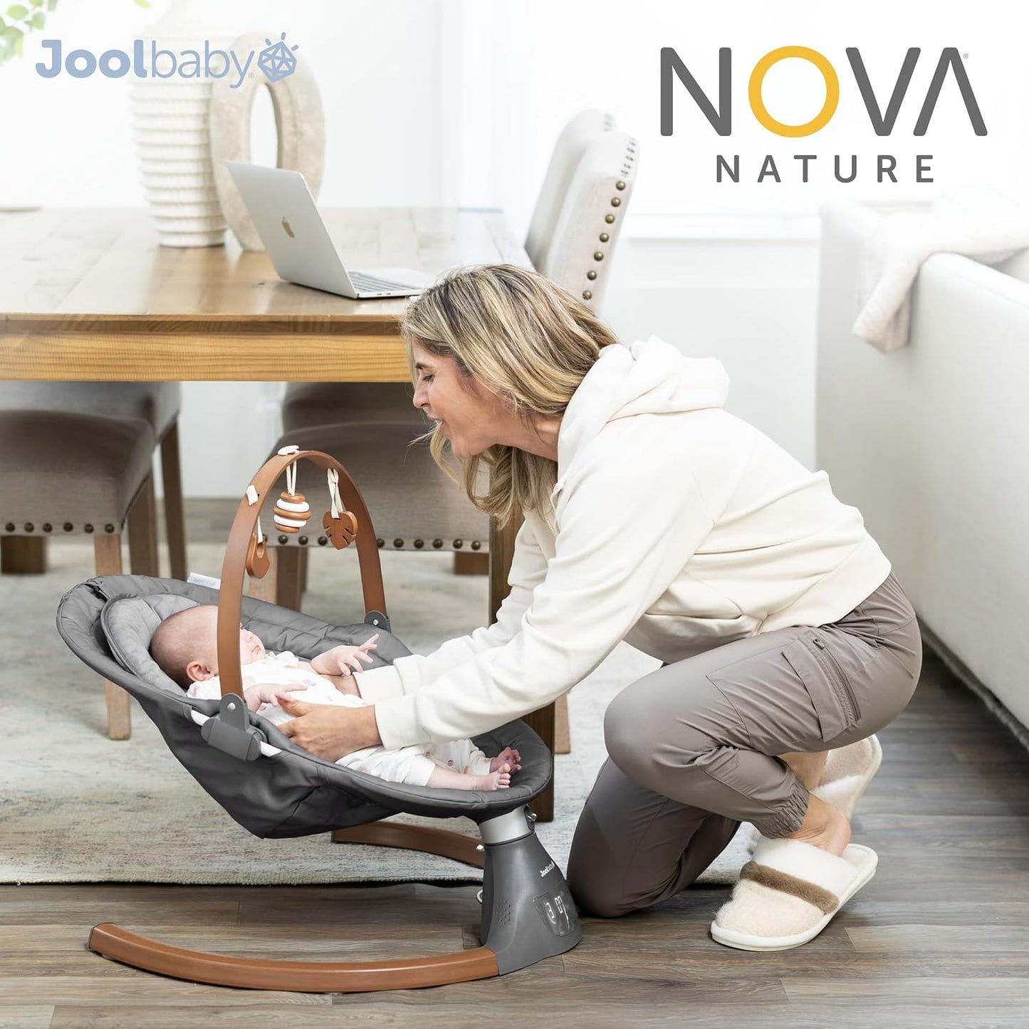Jool Baby Nova Nature Baby Swing for Newborns – Natural Wood Toys, Electric Motorized Infant Swing, Bluetooth Music