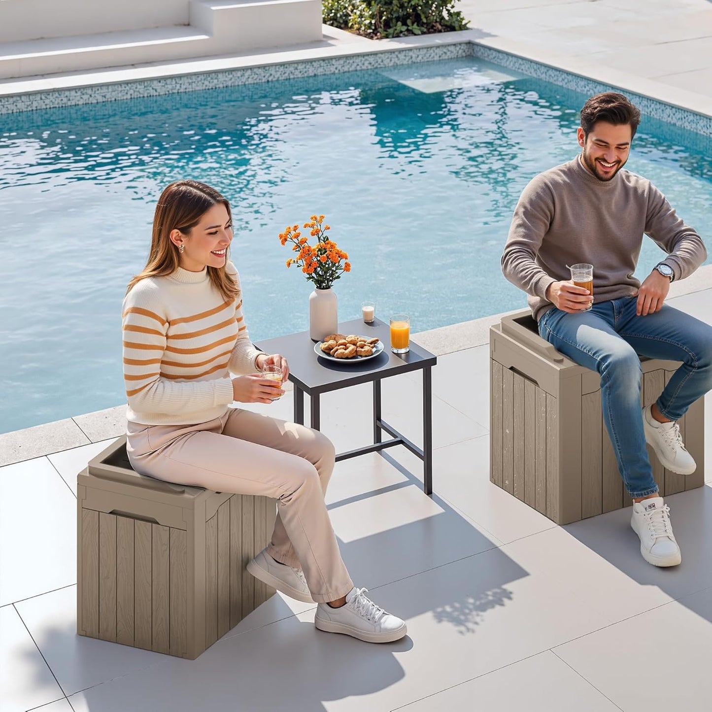 Devoko 30 Gallon Resin Deck Box 2 Pack Outdoor Indoor Waterproof Storage Box for Patio Furniture Pool Accessories Storage for Cushion Garden Tools (Light Brown, 2 Pack)