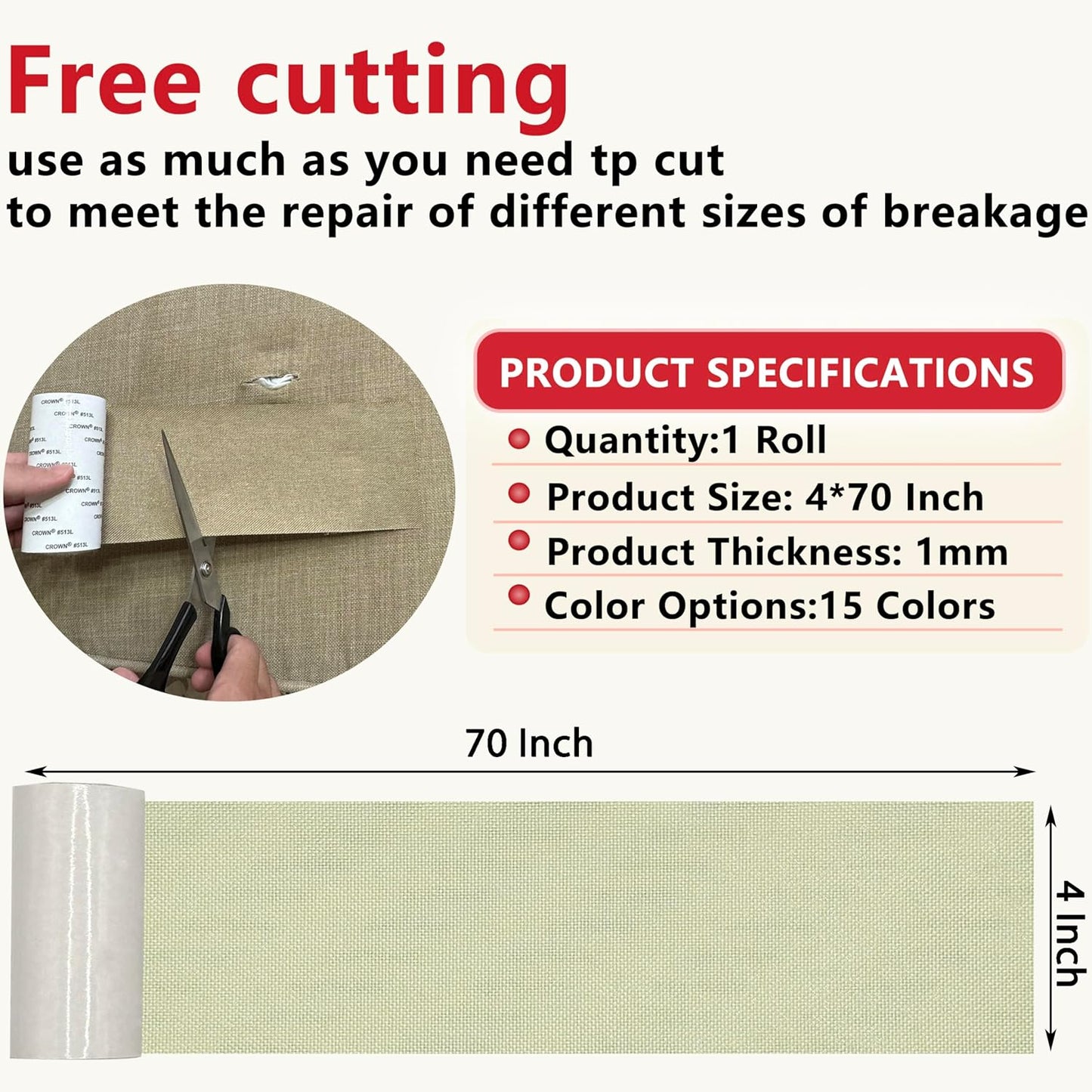 Linen Repair Tape 4x70 Inch Self-Adhesive Couch Patch Repair Fabric Patch for Furniture,Sofas,Cushion,Chairs,Bags,Linen Goods(Off-White)