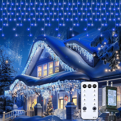 Icicle Outdoor Christmas Lights, 40Ft. 432 LED with 81 Drops, Dimmable Twinkle Fairy with Remote and Timer for House Holiday Decorations, Blue and White