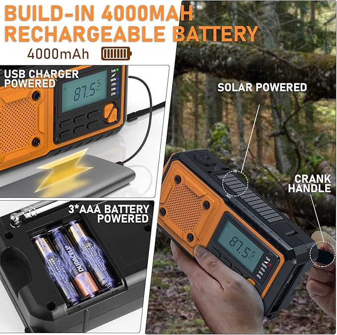 Goodes Hand Crank Emergency Radio - Portable AM/FM & Shortwave Radio with Solar/USB/Hand Crank Charging, 4000mAh Rechargeable Battery, Flashlight, Reading Light & SOS for Survival, Hiking & Storms