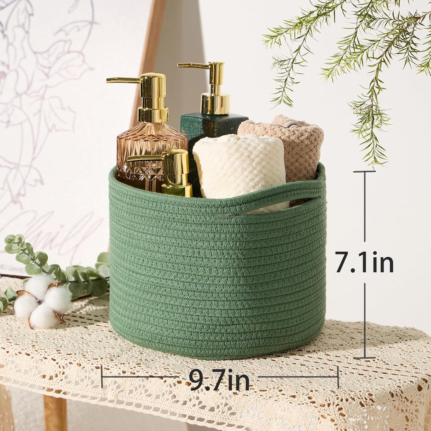 Small Basket for Organizing | Cube Shelf Closet Storage Baskets | 9.7×9.7×7.1” | Woven Rope Gift Basket | Nursery | Round 3 Packs Green