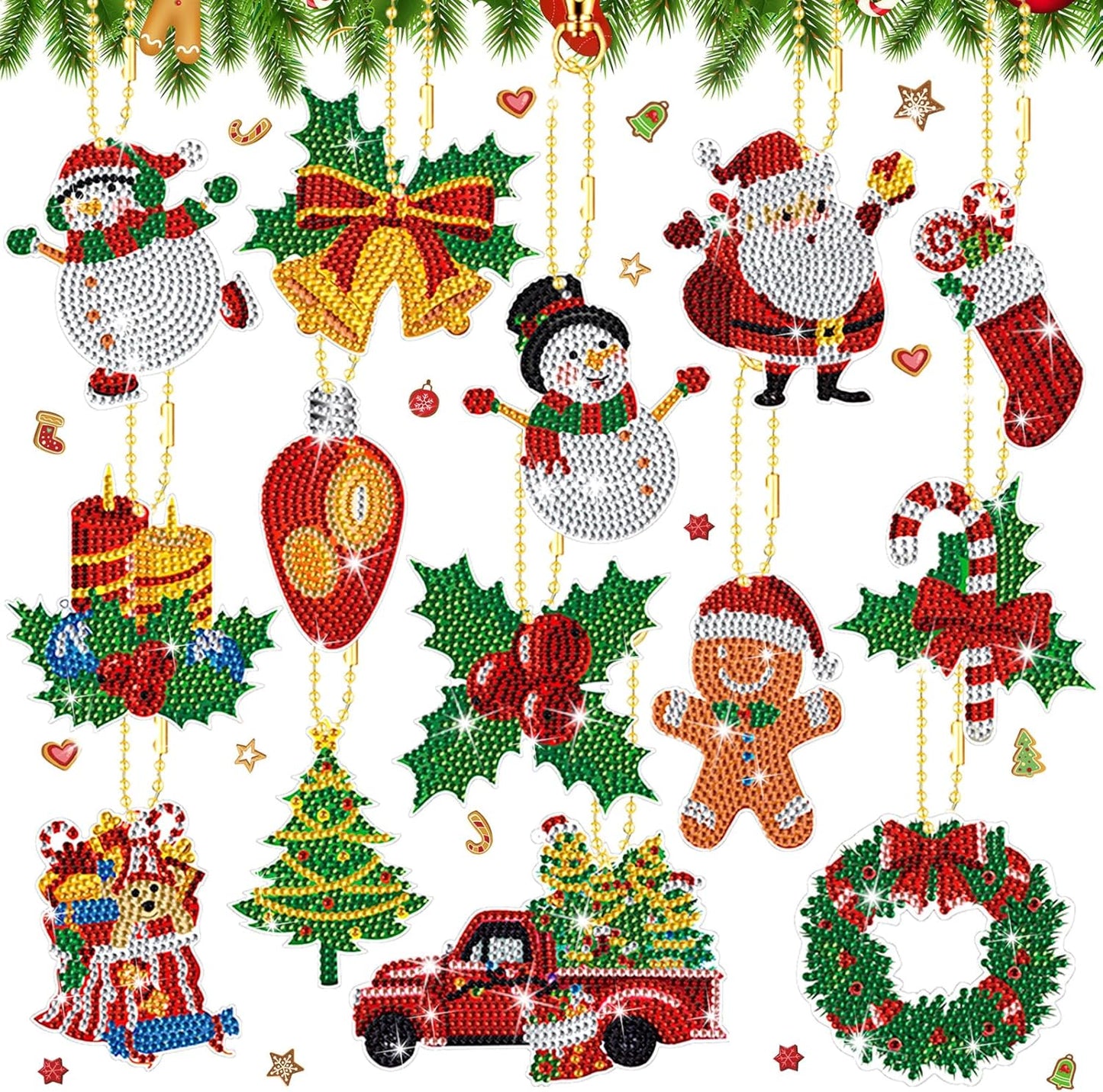 Equsion 14 Pcs Diamond Art Christmas Ornaments Christmas Diamond Painting Keychains Kits 5d DIY Hanging Double Sided Diamond Art Key Ring Painting Key Chain Family Decor Rhinestone Pendant