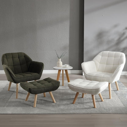 Modern Sherpa Accent Chair with Ottoman Set of 2, Fluffy Upholstered Lounge Chair with Footrest, Comfy Living Room Side Boucle Armchair for Small Space Bedroom, Green