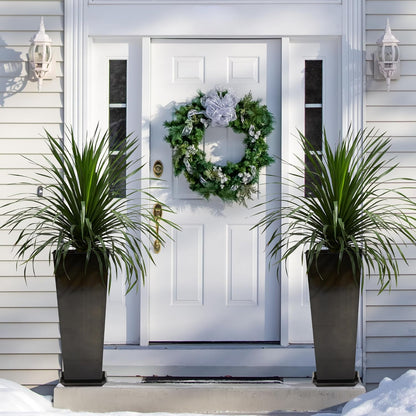 KOL 25'' & 28'' Tall Glazed Planter with Saucer, Set of 2, Galvanized Steel Planter Metal Pots for Indoor & Outdoor Use, Decorative Flower Plant Pots with Drainage Hole for Porch, Patio, Deck - Black