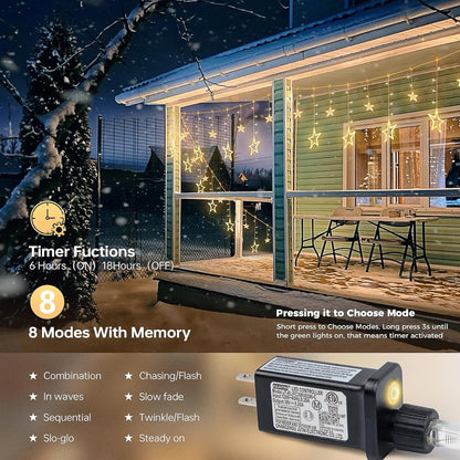 126L Warm White Star Icicle Lights, 8.2FT Clear Curtain Fairy String with Connectable, Timer 8 Modes Memory, Waterproof Hanging for Christmas,Ramadan,Party,Wedding Indoor Outdoor Decorations