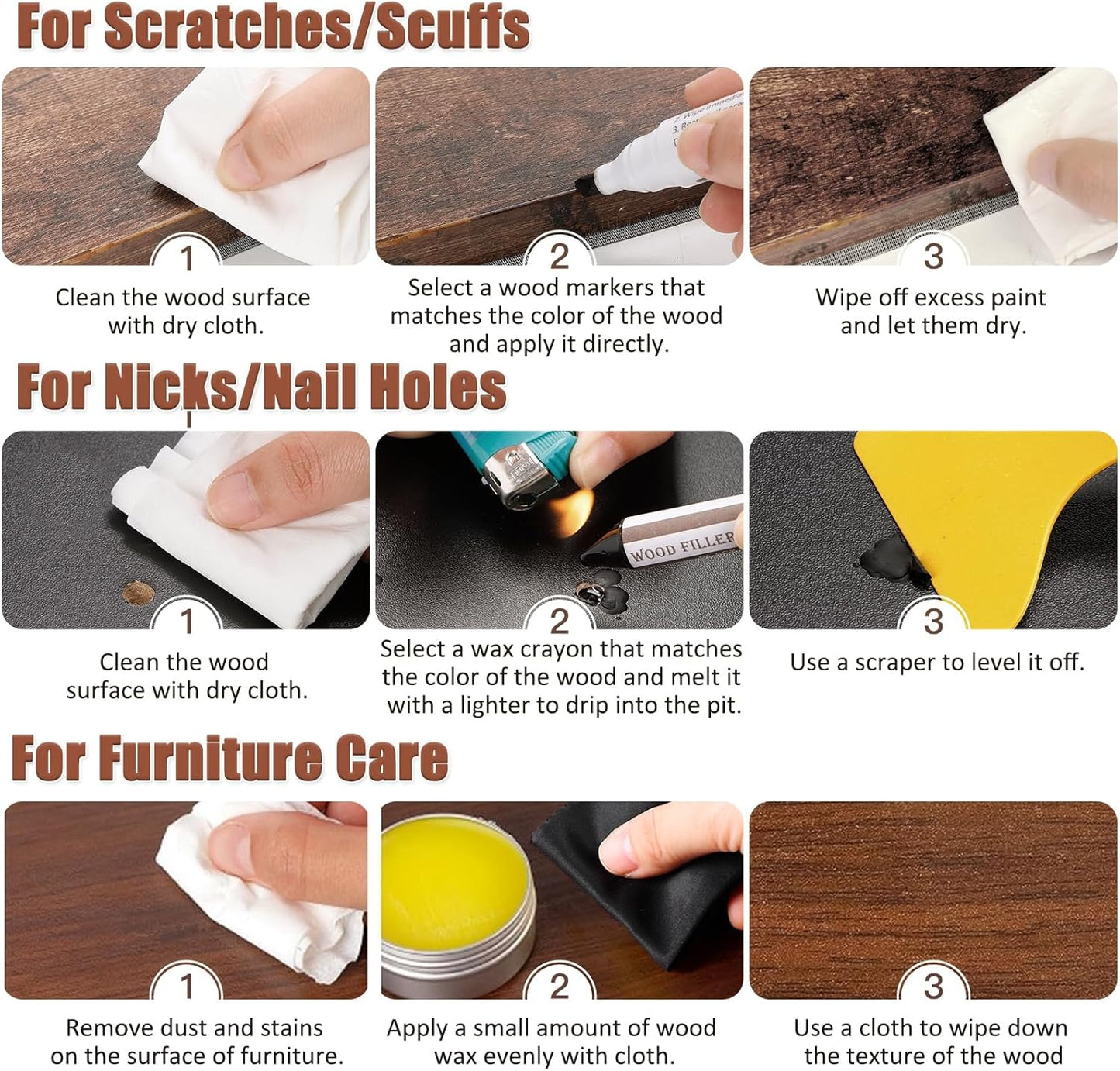 SEISSO Furniture Repair Kit, 18 Colors Touch Up Markers and Wood Filler Sticks with Wood Polish Wax - Furniture Touch Up Kit Cover Up Scratches, Stains, Holes for Wooden Table, Cabinet, Floors, Door
