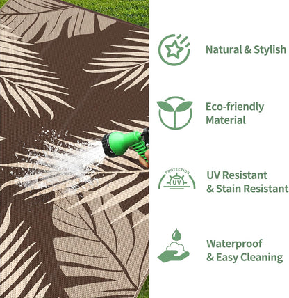 GENIMO Outdoor Rug 10' x 14' Waterproof for Patios Clearance, Reversible Outdoor Plastic Straw Camping Rug Carpet, Large Area Rugs Mats for RV, Camper, Deck, Balcony, Porch, Beach, Coffee&Beige