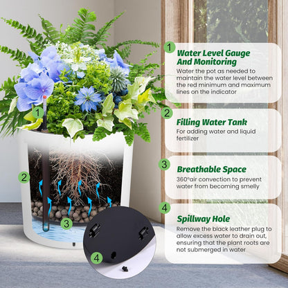 Tall Round Planter Set of 2, 19.5‘’ H x 19.9" Dia Large Planters for Indoor Plants with Built-in Drainage and a Water Level Monitor and Wheels for Patio, Porch, Living Room, or Home Office, White