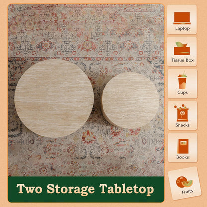 Round Nesting Coffee Table Modern Fluted Coffee Table Set of 2 Circle Drum Coffee Tables Small Round Accent Side End Table for Living Room No Assembly (Travertine 26in)