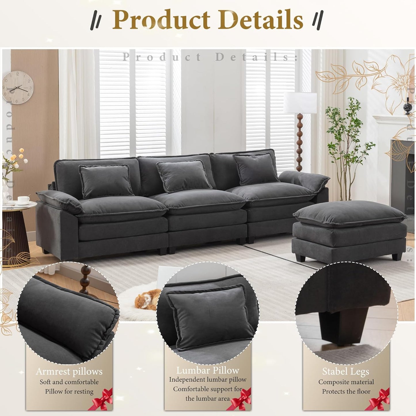 URRED Modular Sectional Sofa Comfy Cloud Couch, Modern Velvet Sofa Sleeper Deep Seat Couches with Ottoman/Pillows for Living Room (Dark Gray, 117''- L Shape)