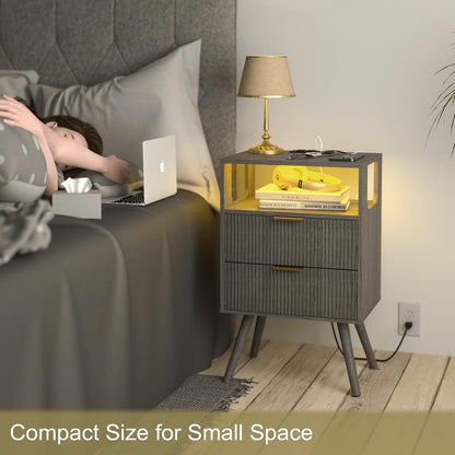 Nightstand with Charging Station and LED Lights,Modern Bedside Table with 2 Storage Drawer and Open Wood Shelf, for Bedroom and Small Spaces,Night Stand with Solid Wood Legs,GreyOak