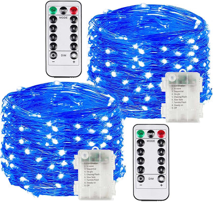 2 Pack Each 33Ft 100LED Battery Operated Fairy Lights with Remote, Waterproof Battery Christmas Twinkle Light with Timer, String Lights for Bedroom Christmas Decorations (Blue)