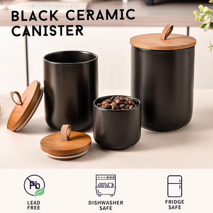 Black Ceramic Canister Set with Bamboo Lids, 3-Piece Airtight Food Storage Jars for Kitchen - Flour, Sugar, Coffee, Tea, Spice - Small, Medium, Large Sizes