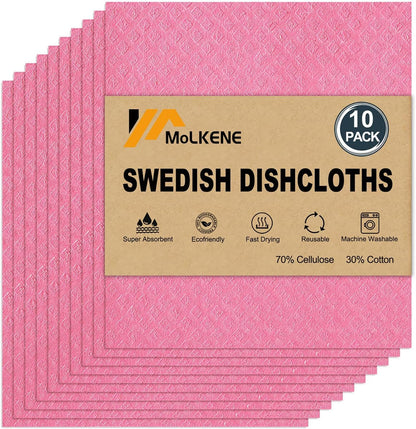 Swedish Dishcloths - 10 Pack Reusable Kitchen Dishcloths - Ultra Absorbent Dish Towels for Washing Dishes - Cellulose Sponge Cloth Cleaning Cloths - Pink