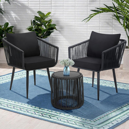 Kromax 3 Pieces Patio Rattan Bistro Conversation Set, Outdoor All-Weather Wicker Furniture Chairs and Side Table Set Ideal for Balcony, Porch and Backyard, Black