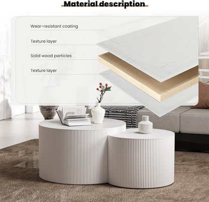 Round Nesting Coffee Table Set of 2 Handcraft Circle Fluted Nesting Coffee Tables Circular Side Table Drum Accent End Tables for Living Room Bedroom (White B Large)