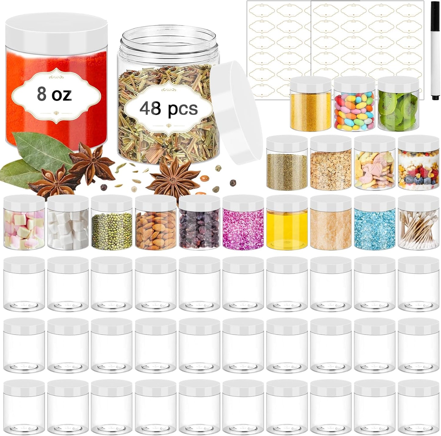8 OZ Plastic Jars, 48 Pcs Clear Plastic Jars with Lids Stackable Leakproof Storage Containers Jar Clear Empty Slime Containers with White Lids for Kitchen and Household Food Storage